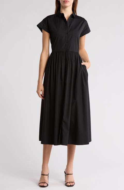 Drop Waist Button Front Cotton Midi Dress