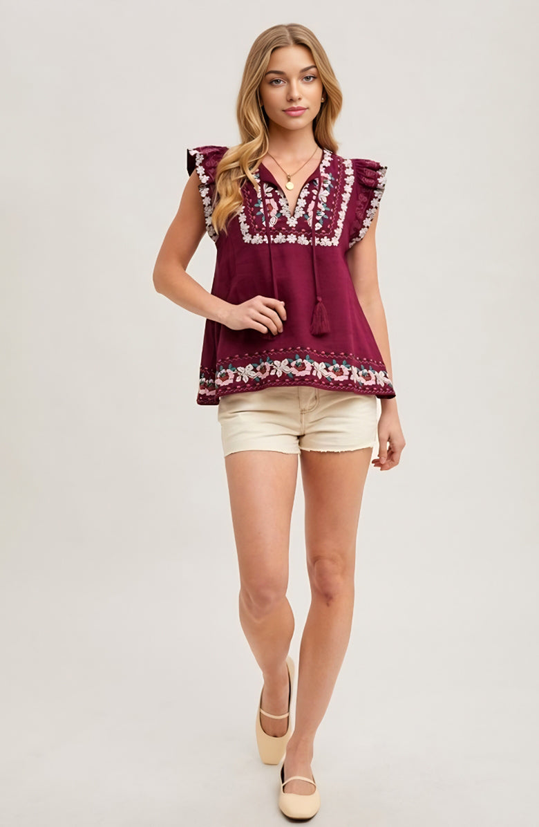 Knit and Lounge Floral Embroidered Flutter Sleeve Tassel Tie Boho Blouse, Main, color,