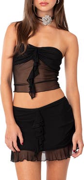EDIKTED Solange Ruffle Mesh Tube Top