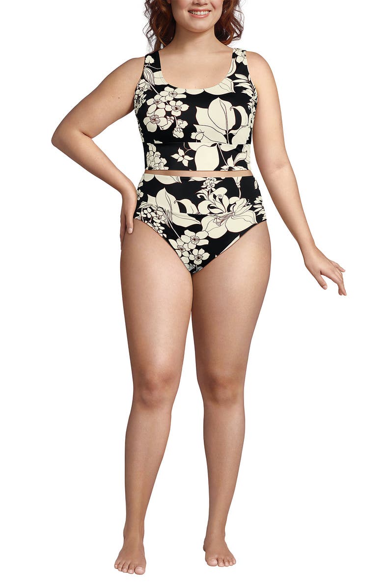 Lands' End Plus Size Tugless Midkini Top and High Waisted Bottom Swimsuit Set, Main, color, Black/Egret Lilies