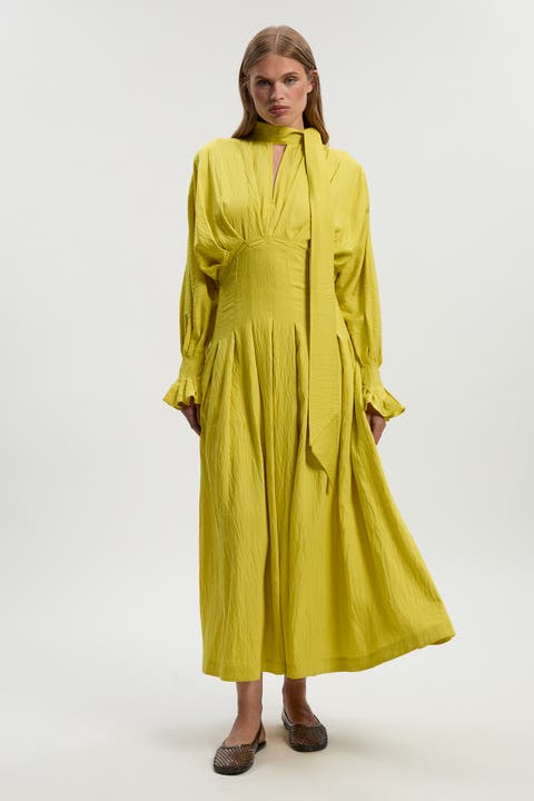 Pleated Neck Tie Detail Woven Maxi Dress