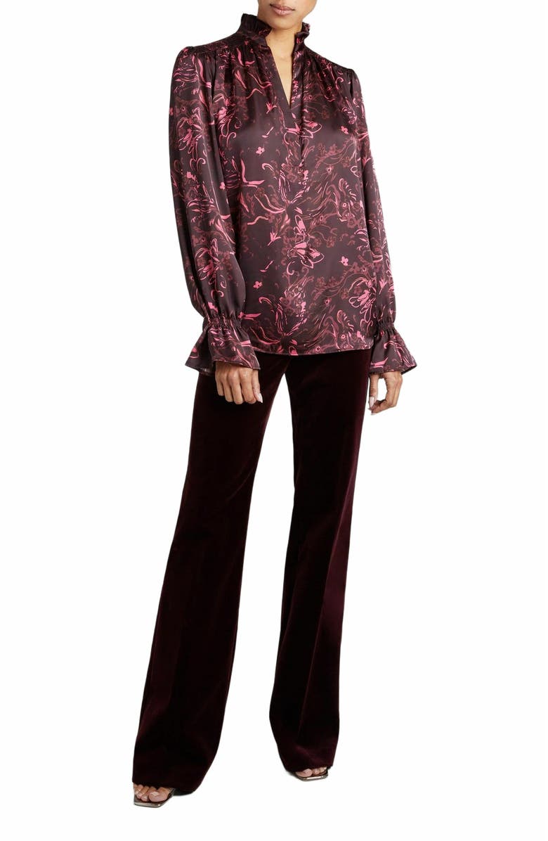 Santorelli Chelsea Long Sleeve Blouse in Bordeaux Floral Print, Alternate, color, 