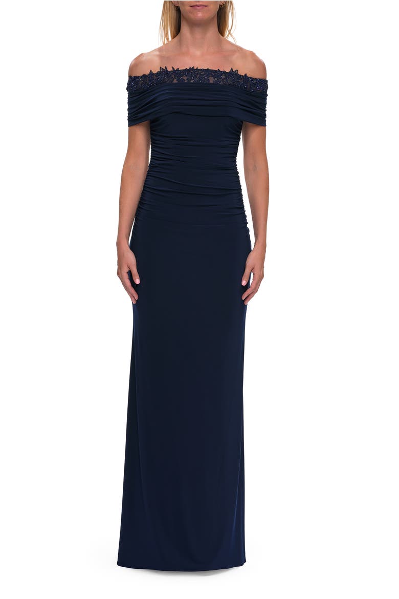 Off the Shoulder Lace Trim Evening Gown, Main, color, Navy
