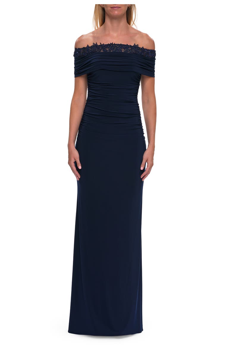 La Femme Off the Shoulder Lace Trim Evening Gown, Main, color, Navy