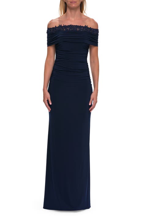 Off the Shoulder Lace Trim Evening Gown