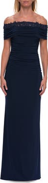 La Femme Off the Shoulder Lace Trim Evening Gown