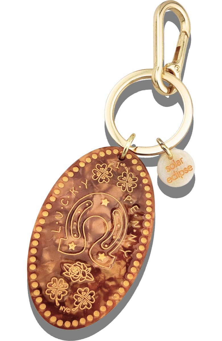 Solar Eclipse Lucky Penny Key Ring Bag Charm, Main, color, Brown