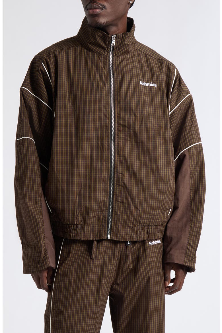 Grid Warm Up Track Jacket, Main, color, DK BROWN MULTI NYLON