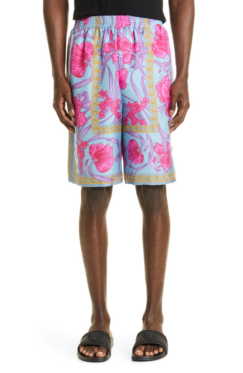 Versace Acid Bouquet Print Silk Basketball Shorts, Main, color, 