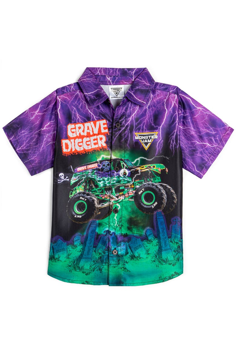 Grave Digger Short Sleeve Button Down Shirt, Main, color, Purple/Green