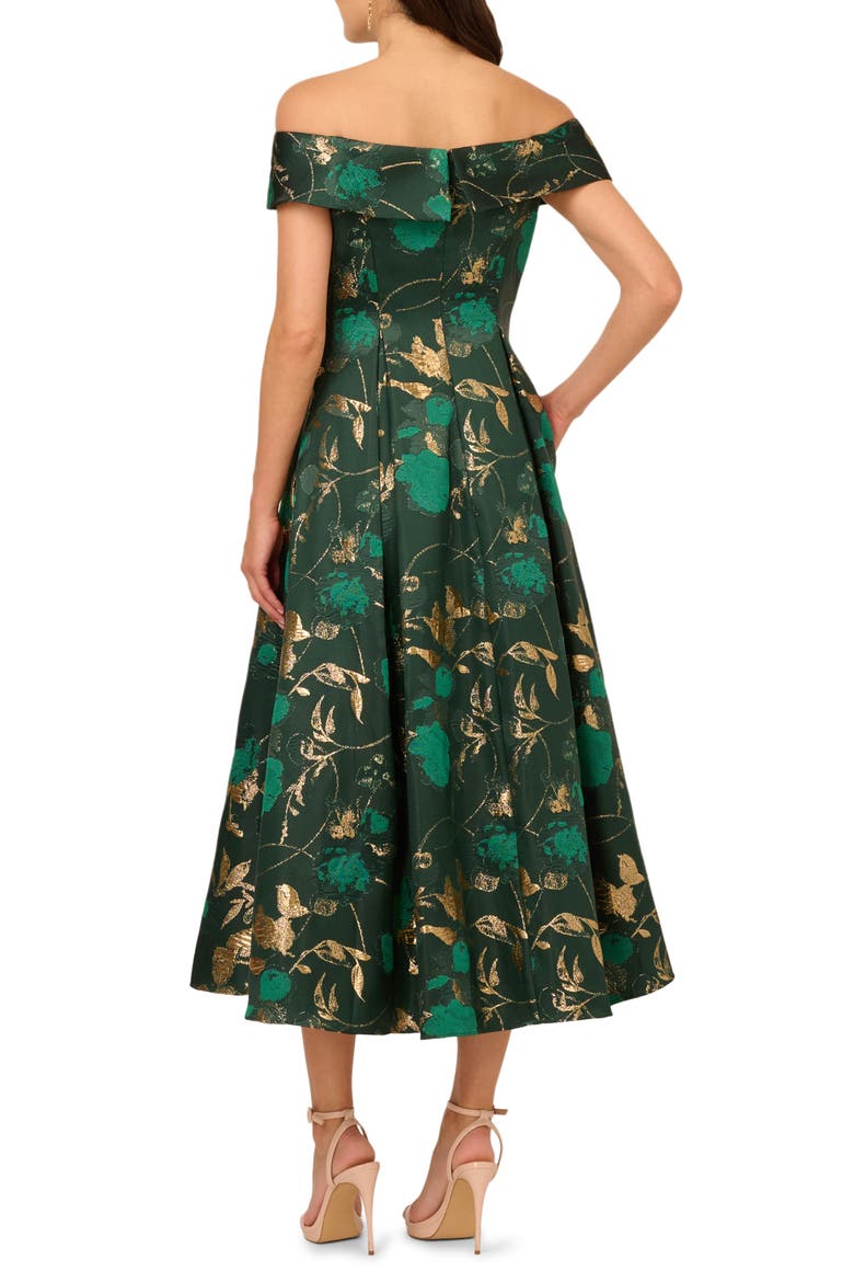 Off the Shoulder Fit & Flare Cocktail Dress, Alternate, color, HUNTER/ GOLD