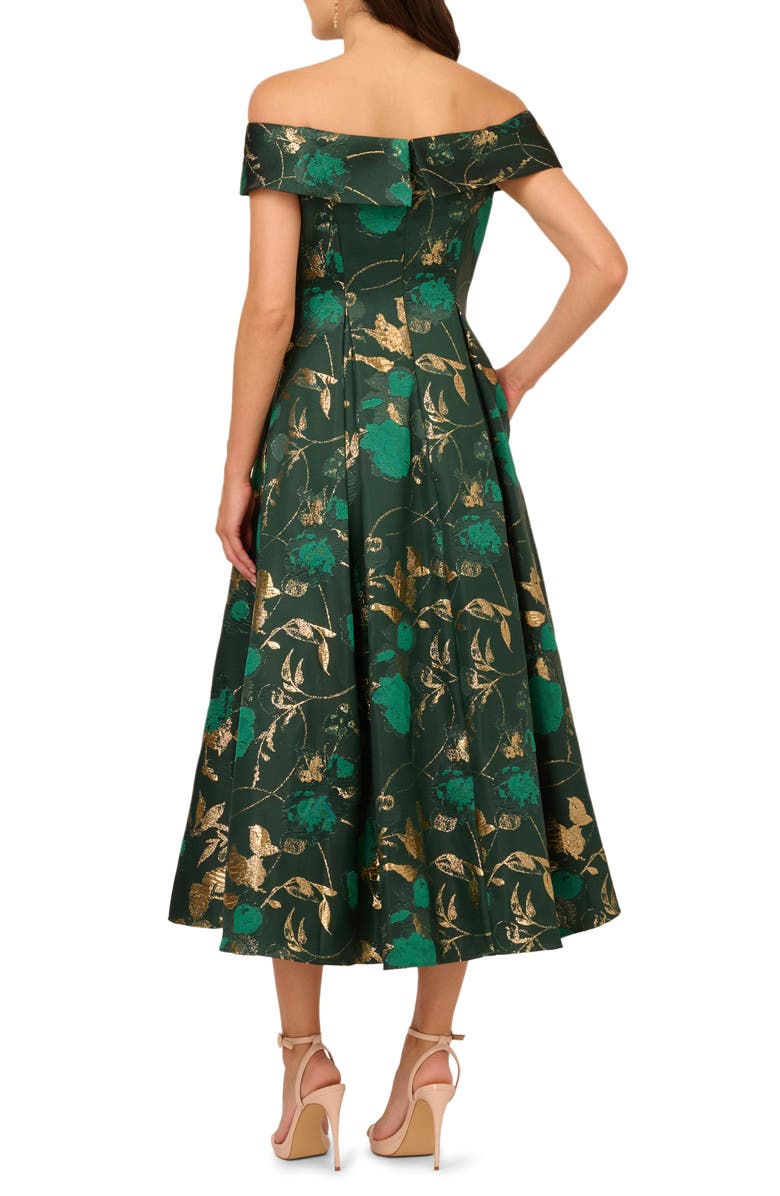 Adrianna Papell Off the Shoulder Fit & Flare Cocktail Dress, Alternate, color, Hunter/ Gold