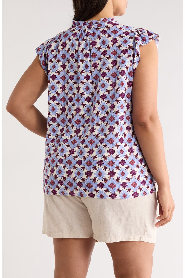 Flutter Sleeve Print Popover Top, Alternate, color, IVORY- PURPLE MILLIE TILE