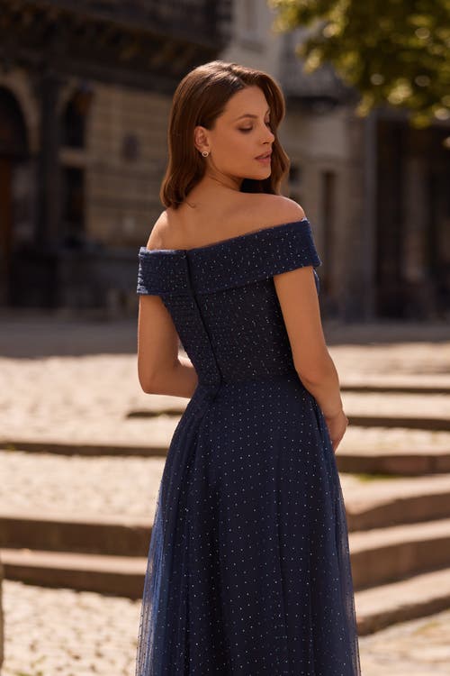 La Femme Tulle Off The Shoulder A-line Dress With Rhinestones In Navy