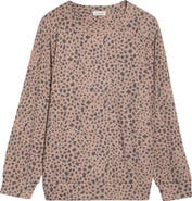 Loveappella Brushed Animal Print Long Sleeve Crewneck Top