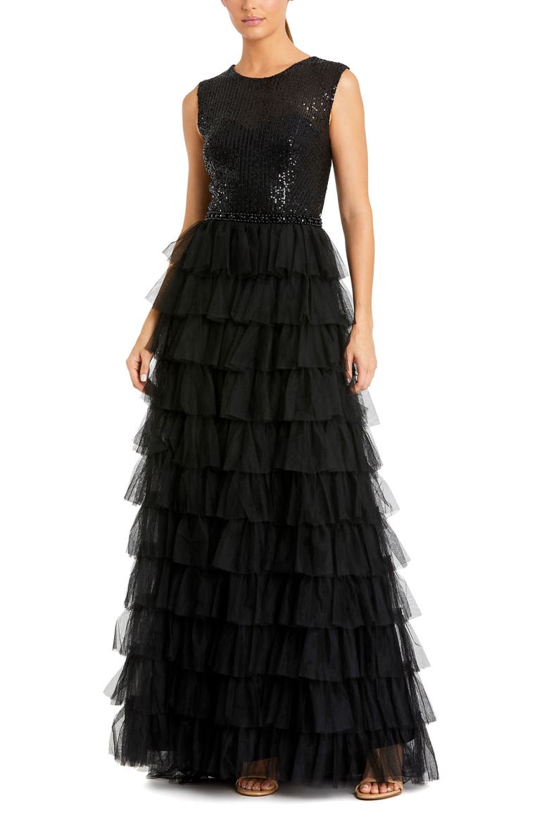 Ruffle Tiered Sequin High Neck Gown, Main, color, Black
