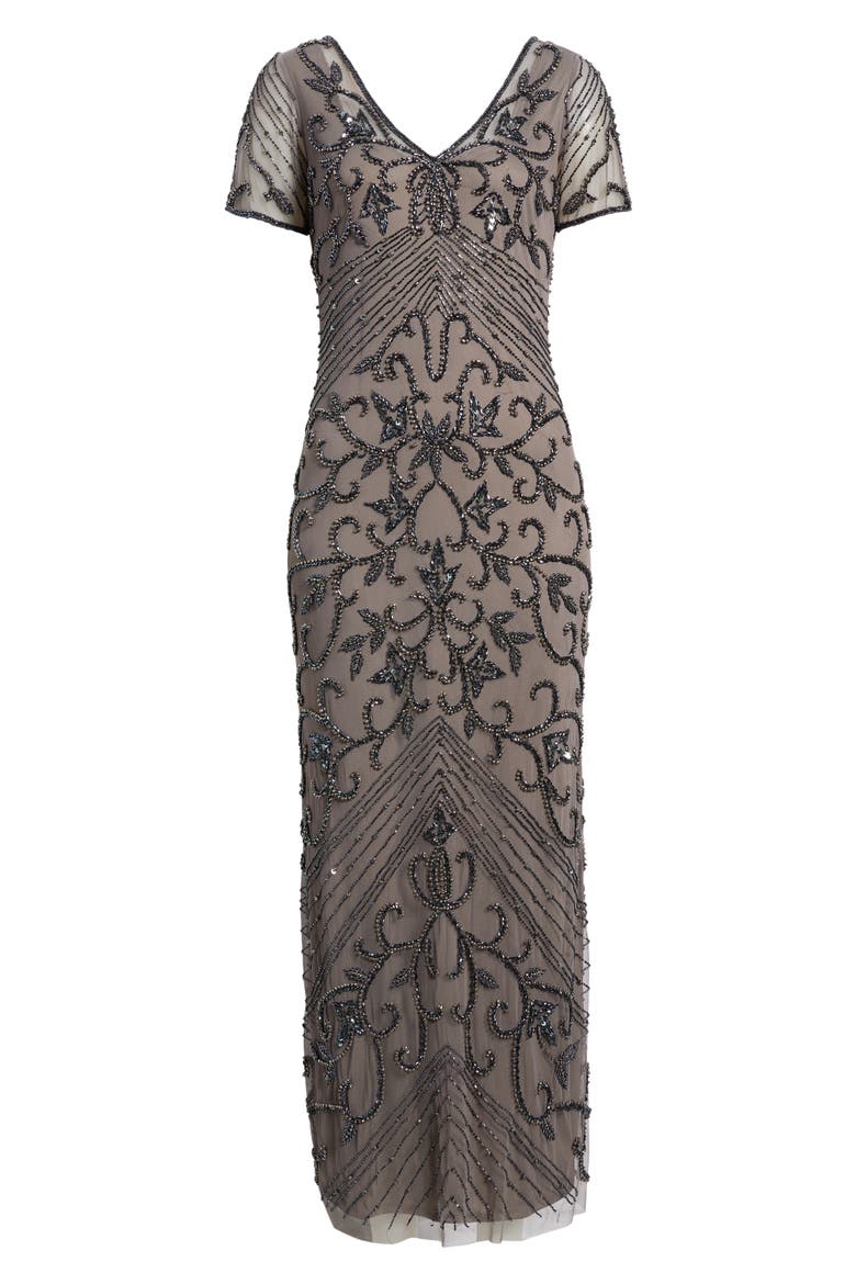 Beaded Mesh Column Gown, Alternate, color, SMOKE 021