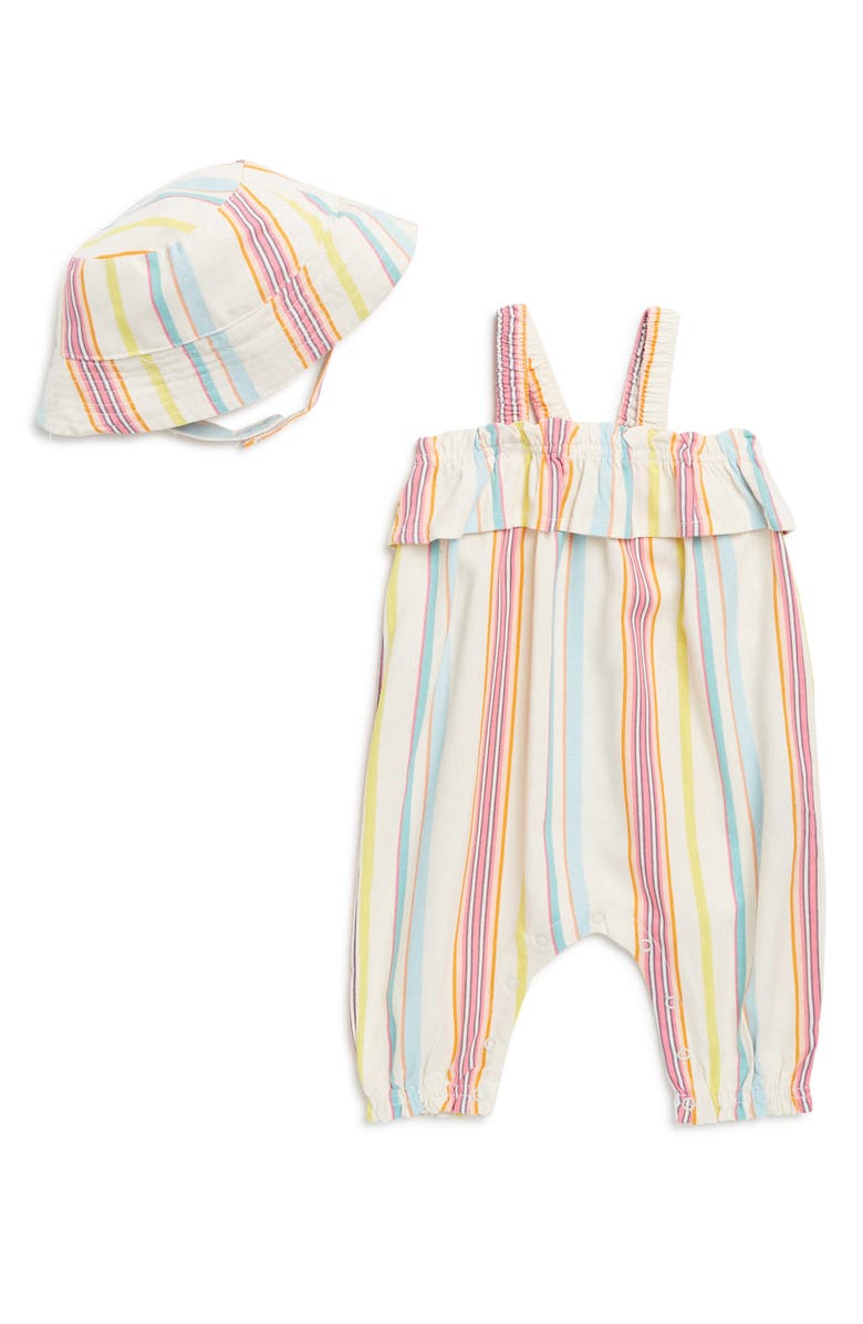 Volcom Linen Blend Striped Romper & Bucket Hat Set, Main, color, 