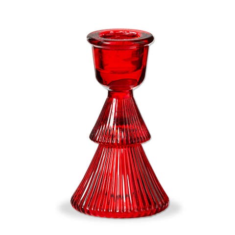 Red Glass Ribbed Taper Candle Holder for Christmas Decor