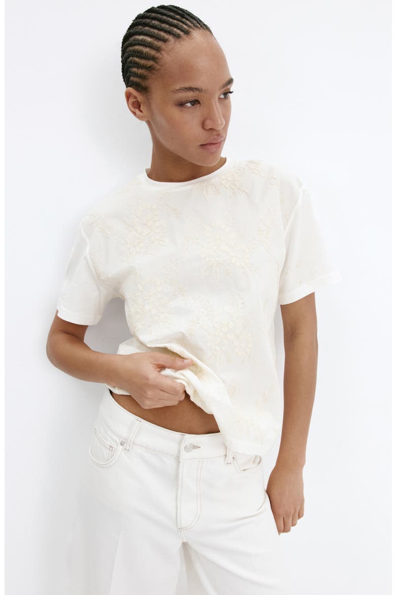 Floral Embroidered Cotton T-Shirt, Alternate, color, ECRU