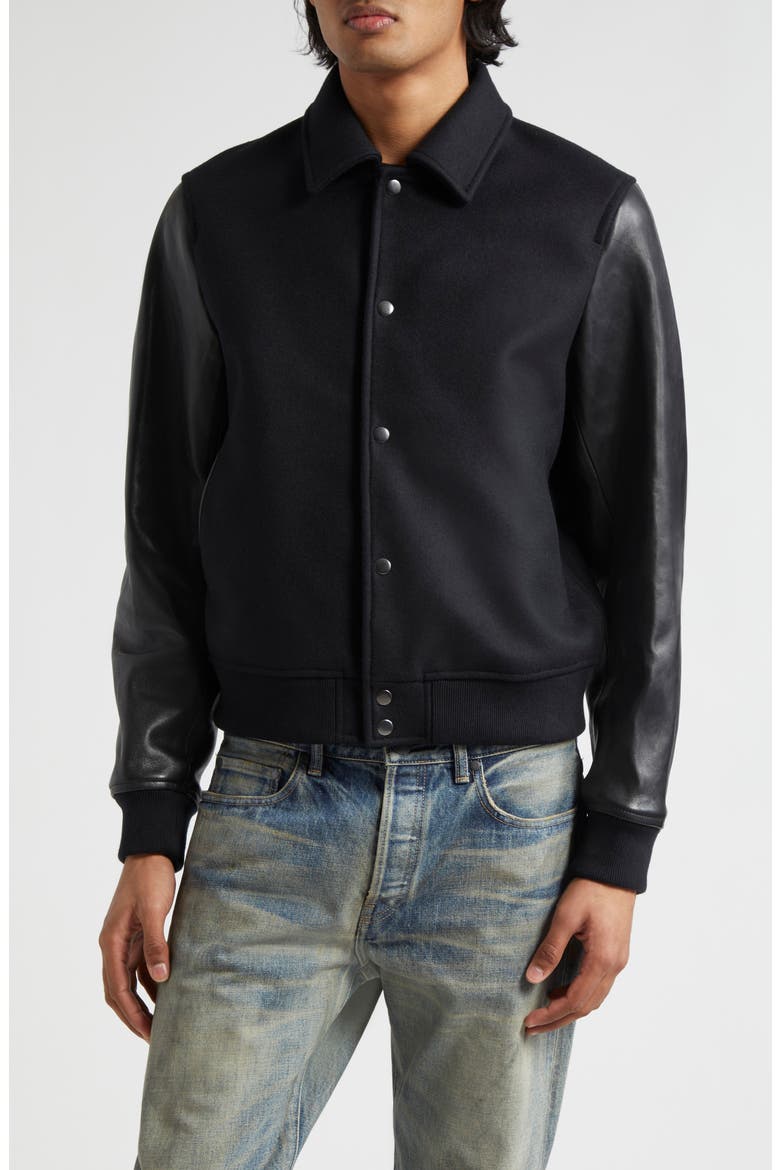 Wool Blend & Leather Varsity Jacket, Main, color, BLACK