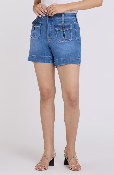 Berkyn Patch Pocket High Waist Denim Shorts (Blue Paradise)
