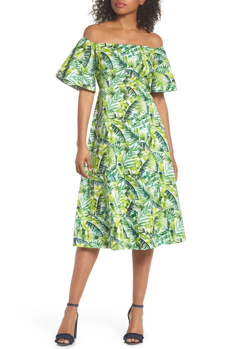 Palm Print Off the Shoulder Dress, Main, color, SOFT WHITE/ GREEN