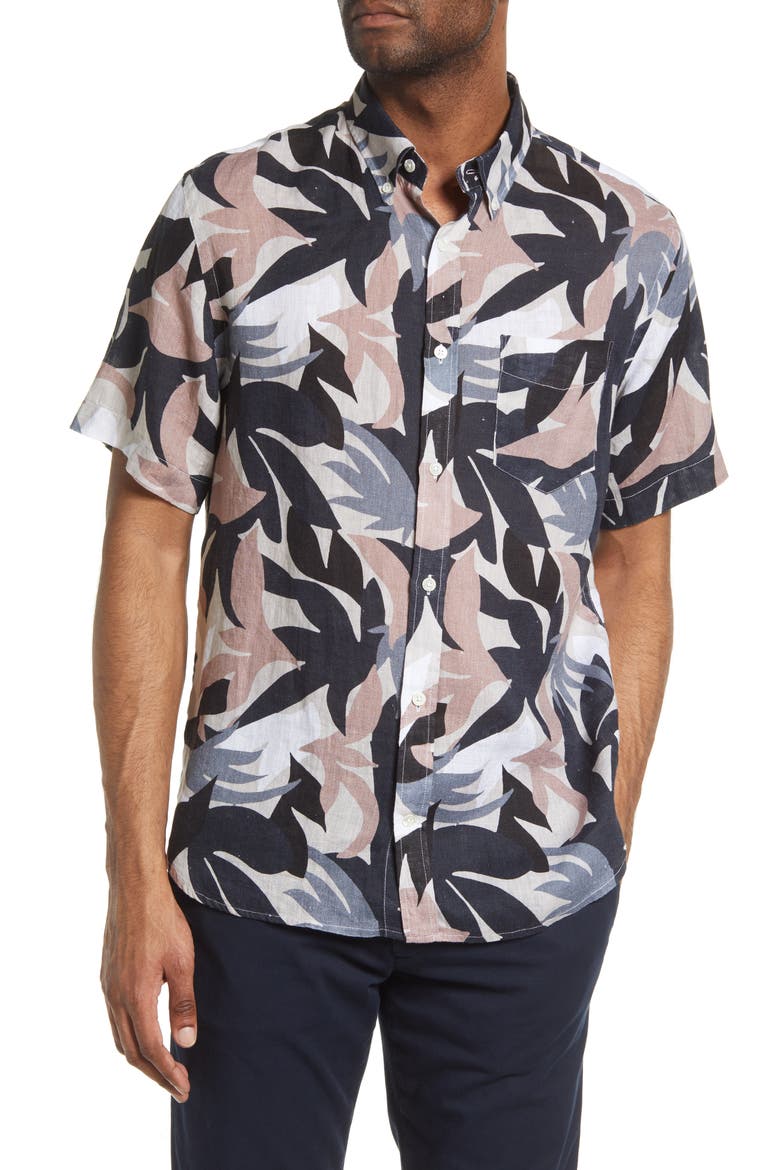 Tyrion Short Sleeve Linen Button-Down Shirt, Main, color, NOUGAT PRINT