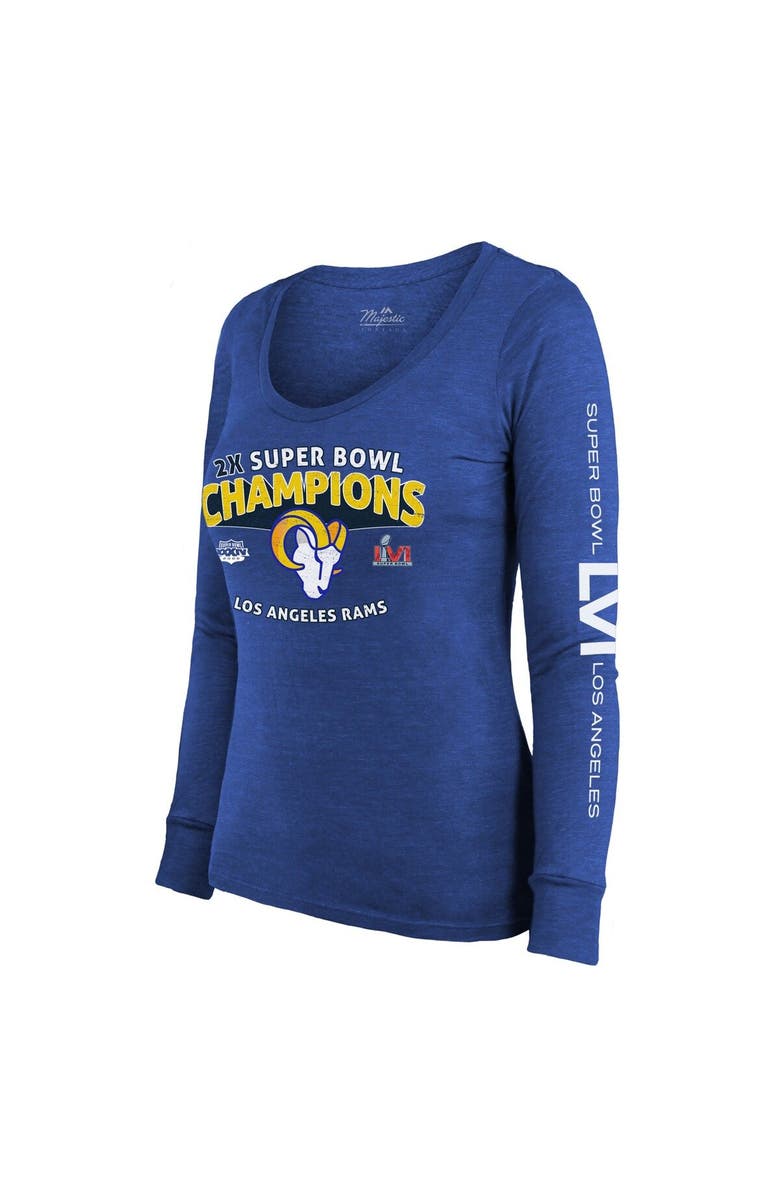 Majestic Threads Women's Majestic Threads Heathered Royal Los Angeles Rams 2-Time Super Bowl Champions Sky High Tri-Blend Long Sleeve Scoop Neck T-Shirt, Alternate, color,