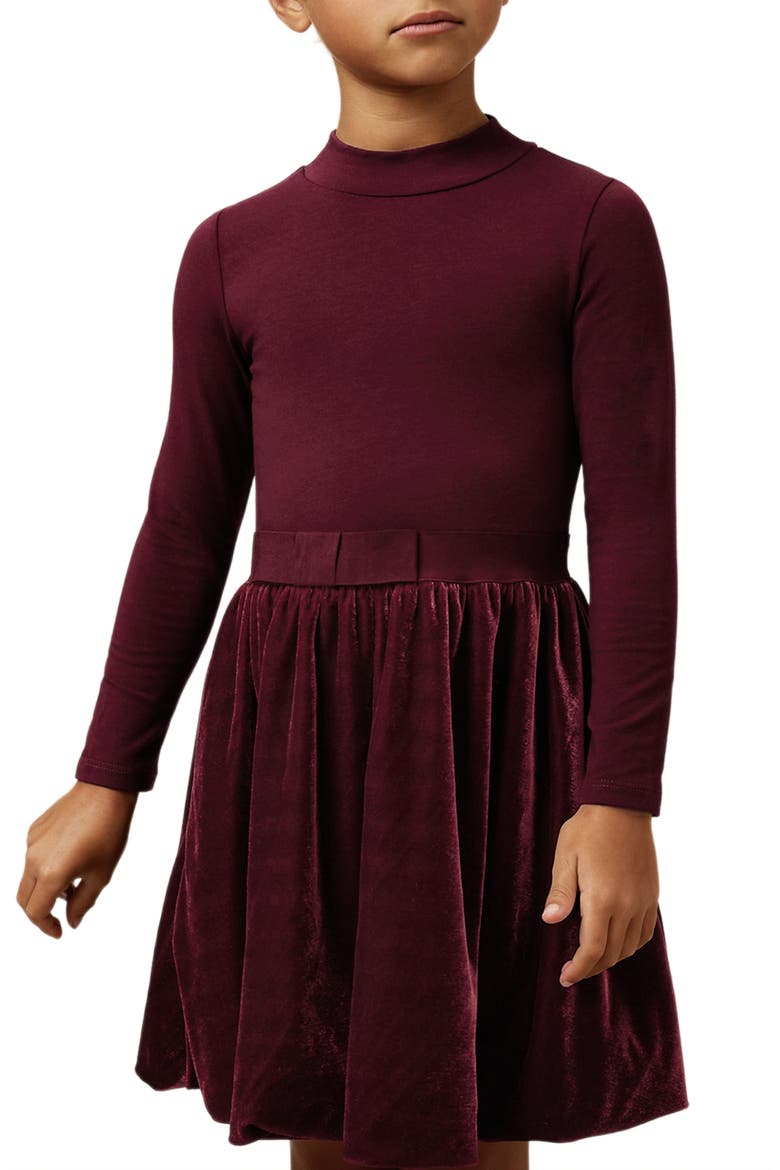 Kids' Bruna Long Sleeve Stretch Cotton Party Dress, Alternate, color, BURGUNDY