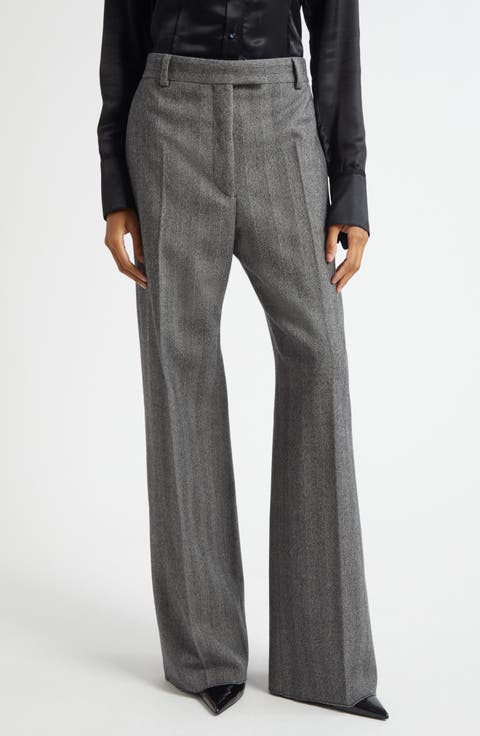 Herringbone Virgin Wool Blend Wide Leg Trousers