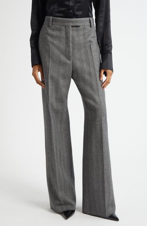 Ferragamo Herringbone Virgin Wool Blend Wide Leg Trousers In Gray