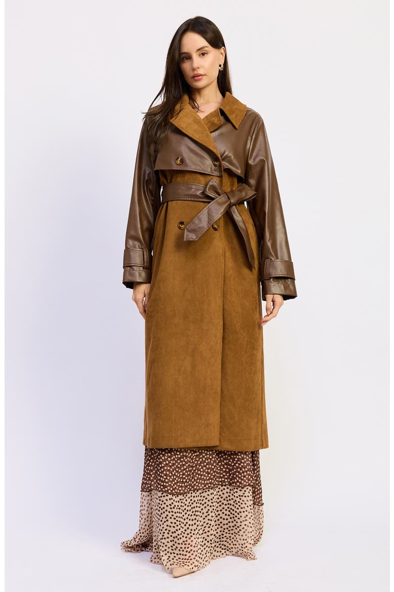Yumi Faux Leather Trim Trench Coat, Alternate, color, BROWN