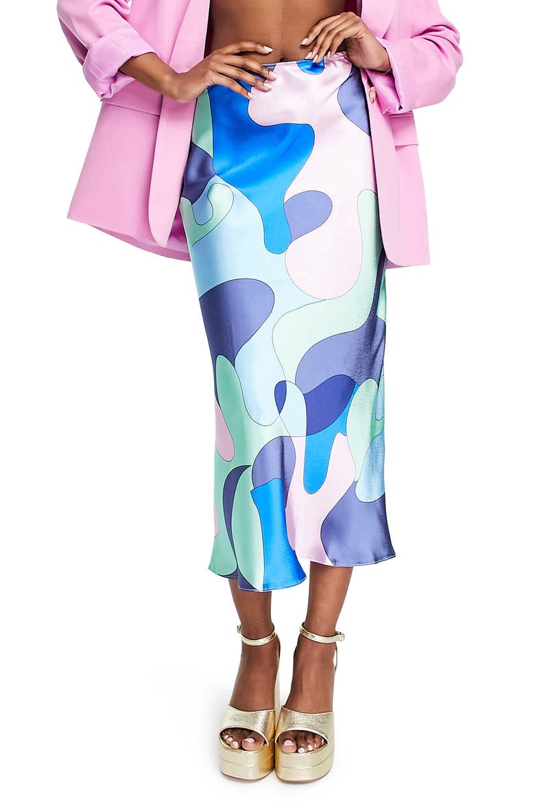 Multicolor Satin Slip Midi Skirt, Main, color, BLUE MULTI