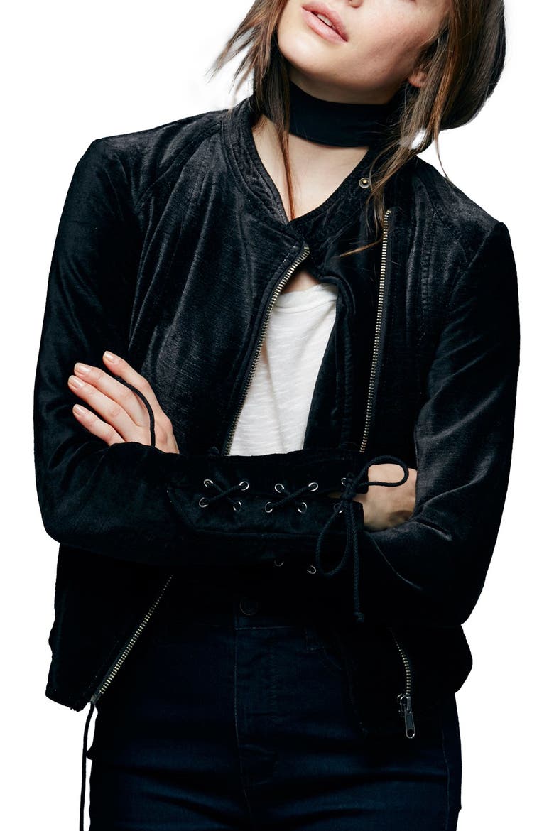 'Lacey' Velvet Jacket, Main, color, BLACK