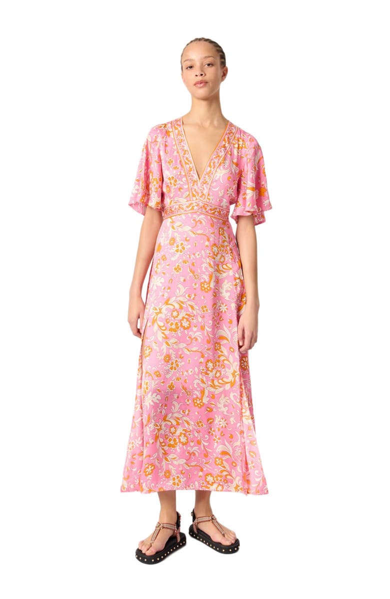 maje Patterned flowing maxi dress, Main, color, Orange Pink Flowers Print