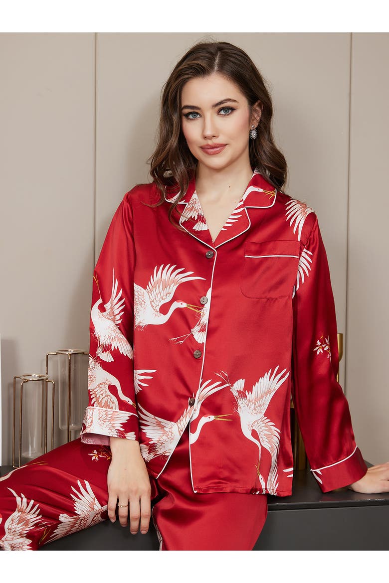 19Momme Pure Silk Printed Classic Binding Trim Womens Pajama set, Alternate, color, DarkRed