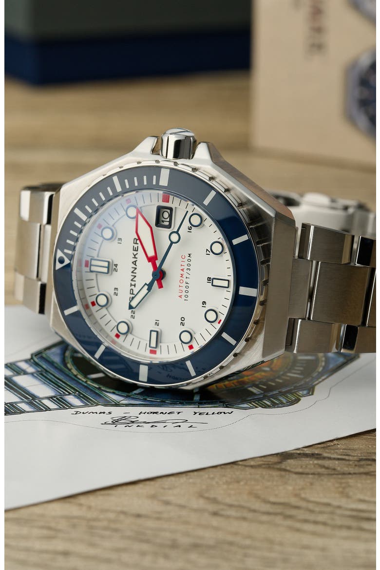 Dumas Automatic Bracelet Watch, 44mm, Alternate, color, WHITE