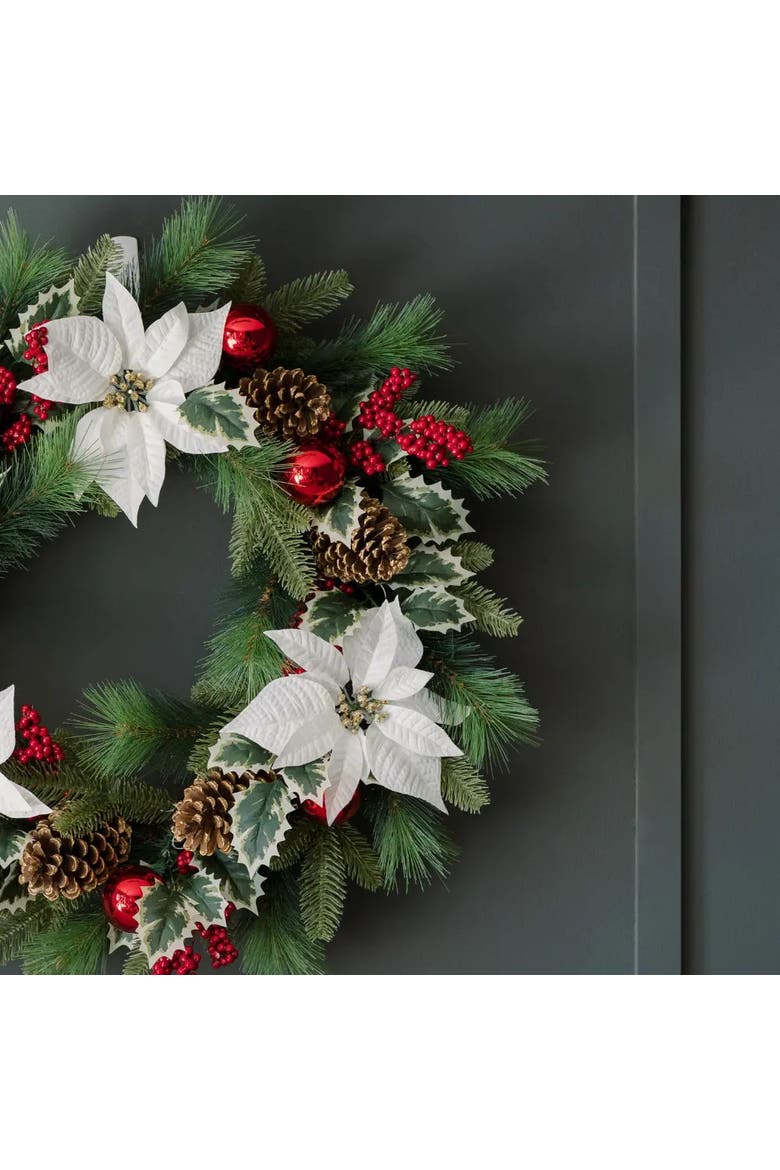 26" White Poinsettia Pinecone & Berry Wreath Pre-Lit, Alternate, color, White