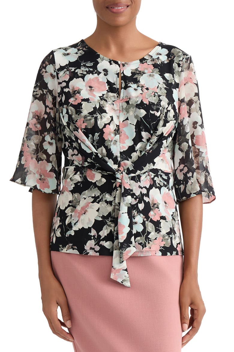 Floral Print Mixed Media Tie Waist Top, Main, color, BLACK MULTI
