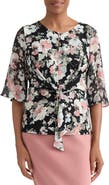 KASPER Floral Print Mixed Media Tie Waist Top