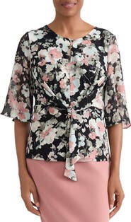 KASPER Floral Print Mixed Media Tie Waist Top