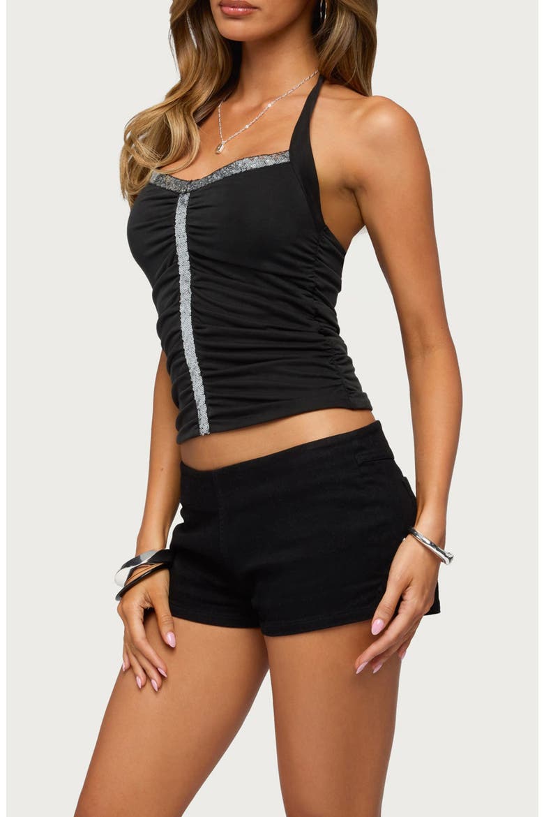 Ruched Sequin Halter Top, Alternate, color, BLACK