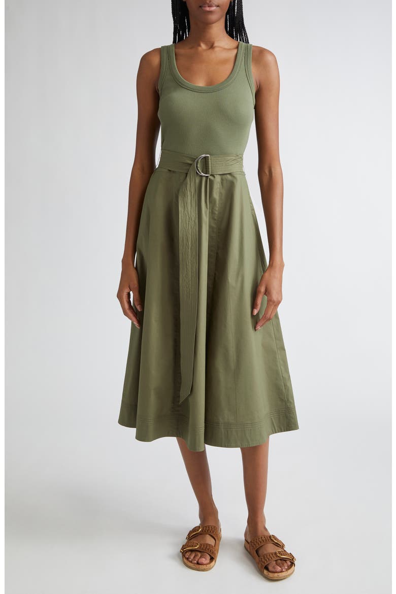 Ennis Mixed Media Stretch Cotton Dress, Main, color, STONE ARMY