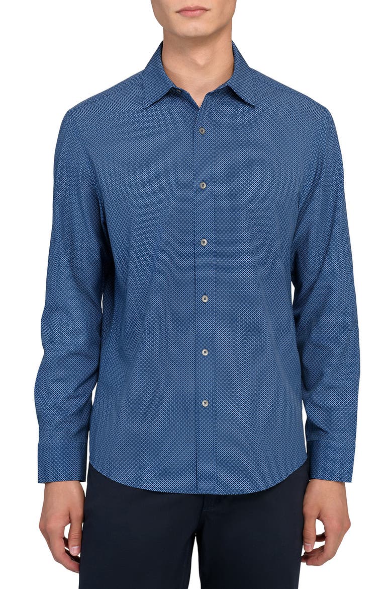 Slim Fit Navy Diamond Dot Print Performance Button-Up Shirt, Main, color, NAVY