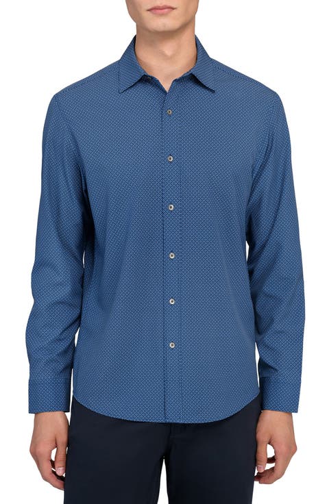 Slim Fit Navy Diamond Dot Print Performance Button-Up Shirt