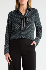 MAX STUDIO Satin Tie Neck Button-Up Shirt