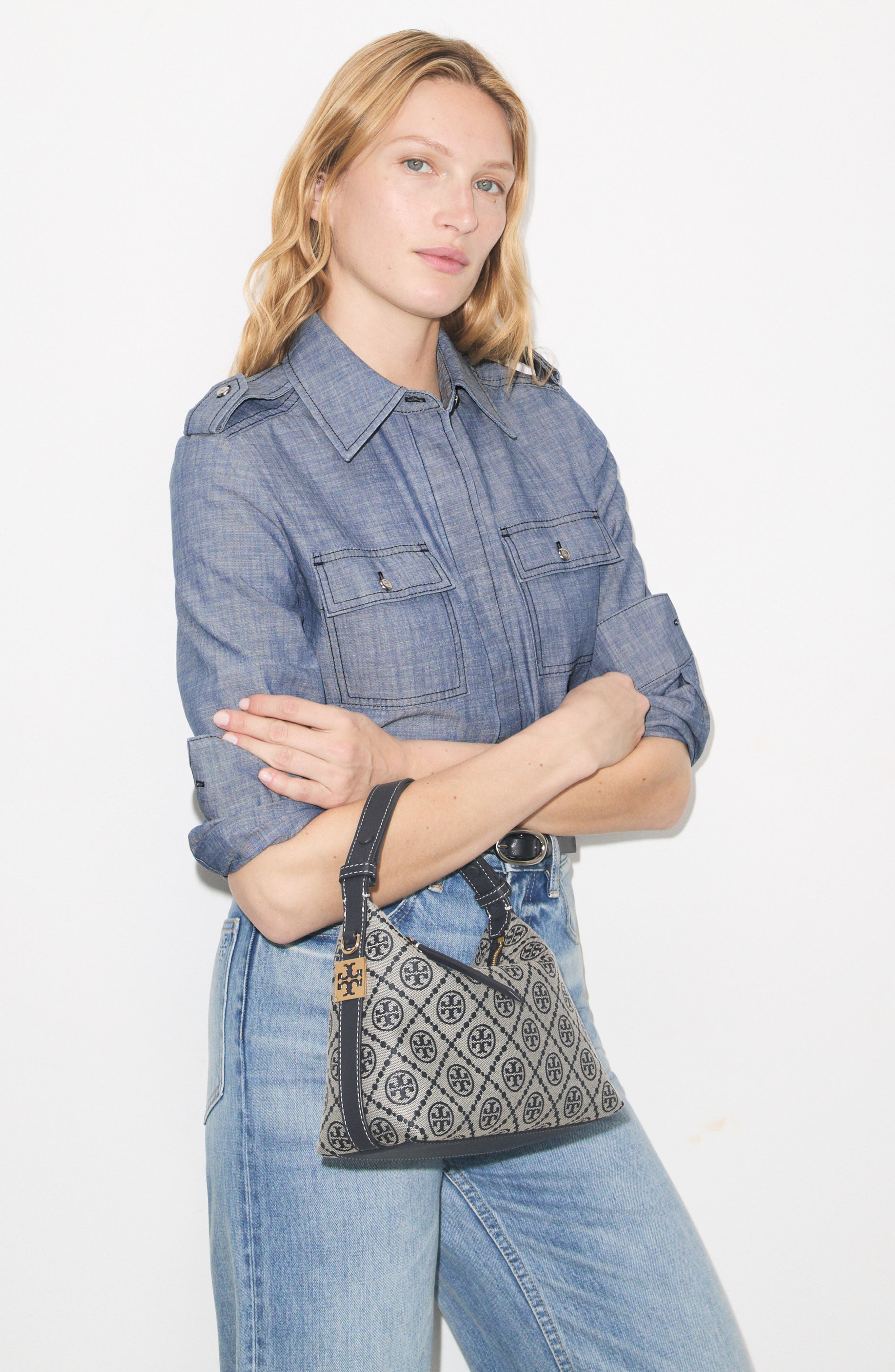 Mellow T Monogram Shoulder Bag, Alternate, color, TORY NAVY