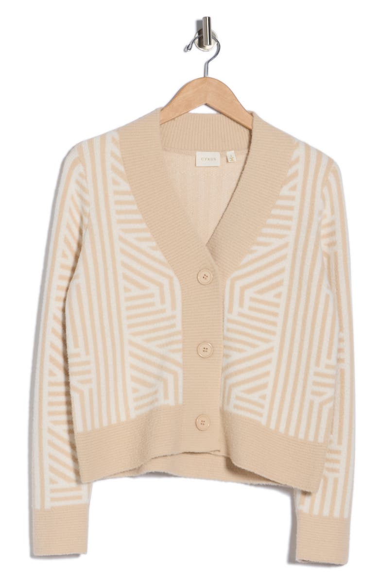 CYRUS Geometric Button Front Crop Cardigan, Alternate, color, Cream/ Pastel Beige