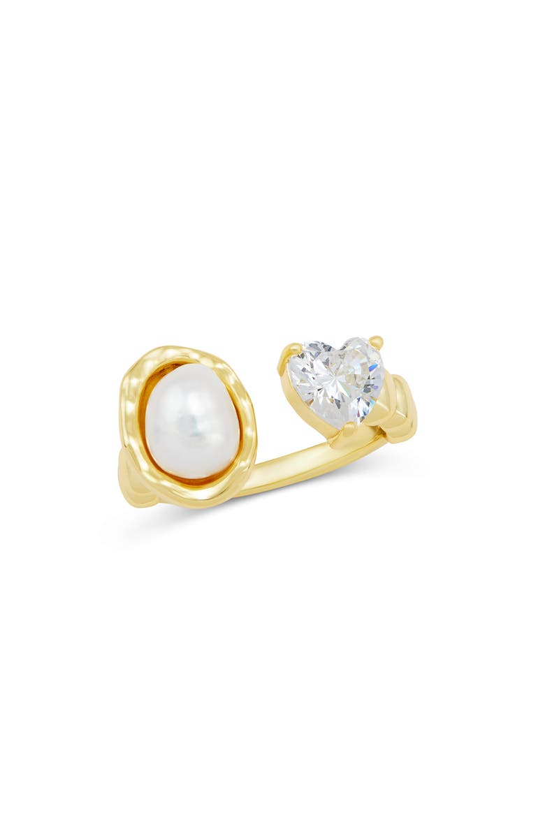 Cubic Zirconia Heart & Faux Pearl Open Band Ring, Main, color, YELLOW GOLD